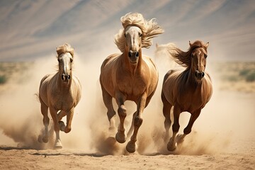 Three majestic horses with flowing manes sprint across sandy landscape. Wildlife and freedom. - obrazy, fototapety, plakaty