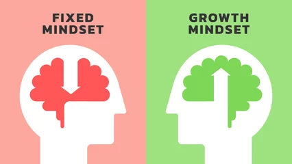 Deurstickers Illustration of The Difference Between a Fixed vs Growth Mindset. Positive and Negative thinking mindset concept vector. Big head human with brain inside. Vector illustration. All in a single layer. © thailerderden10