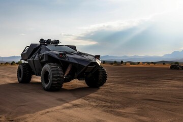 Fototapeta na wymiar High-tech military vehicle is driving along a desert dirt road, AI-generated.