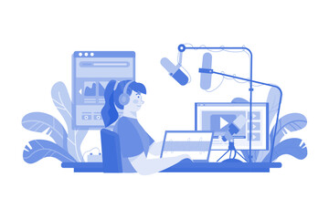 Woman Editing Podcast At The Studio Illustration concept on white background