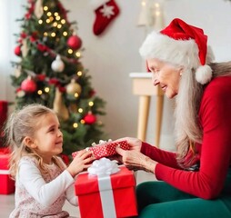 Obraz na płótnie Canvas A cute girl gives a Christmas present to her grandmother.