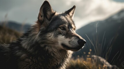 AI generated illustration of a wolf on rocky mountains with a blurry background