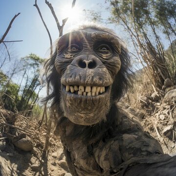 AI generated illustration of a curious ape using a smartphone to take a selfie in a forest