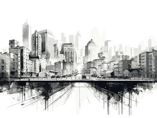 Drawing of City graphic black white cityscape illustration separated, sweeping overdrawn lines.