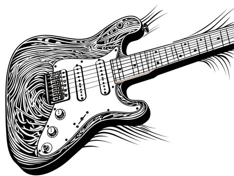 Drawing of Close-up electric guitar. illustration separated, sweeping overdrawn lines.