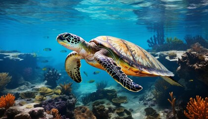 AI-generated illustration of a sea turtle swimming among the vibrant coral reef in a deep blue ocean