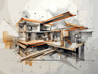 Drawing of Construction drawing illustration separated, sweeping overdrawn lines.