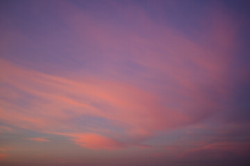 Blue sky after rain,. Beautiful Cumulus clouds flying across the sky, sunset rays, pink and orange shades in the clouds, deep blue sky