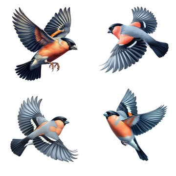 A set of male and female Eurasian bullfinches flying on a transparent background