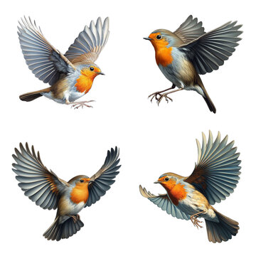 A set of male and female European Robins flying on a transparent background