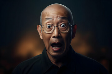 Fototapeta premium Surprised Asian man with glasses on dark background. Neural network generated image. Not based on any actual person or scene.