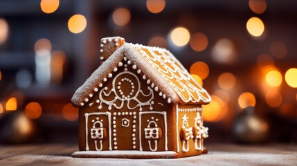 a festive gingerbread house with icing and candy on a wooden surface with bokeh lights. It is a sweet dessert and a Christmas tradition.