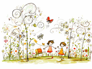 Drawing of Drawing garden children style illustration separated, sweeping overdrawn lines.