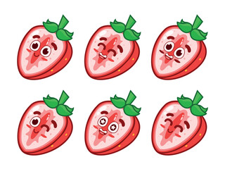 Set of happy cute strawberries. Animated fruit character. Whole and halved strawberries on a white background.