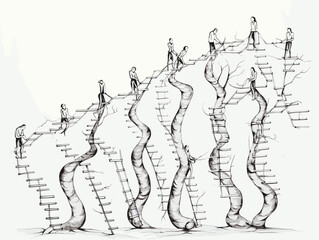 Drawing of Evolution climbing up the social ladder illustration separated, sweeping overdrawn lines.