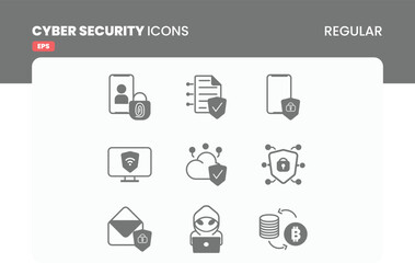Cybersecurity Regular Style Icon Pack: Information Privacy, Data Protection. Glyph Pictograms on White Background. Isolated Vector Images