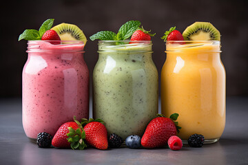 Three glasses with different smoothies with fruits and berries