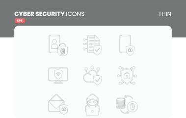 Cybersecurity Thin Style Icon Pack: Information Privacy, Data Protection. Glyph Pictograms on White Background. Isolated Vector Images