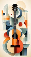 AI generated illustration of a colorful abstract guitar on a vibrant backdrop with various shapes