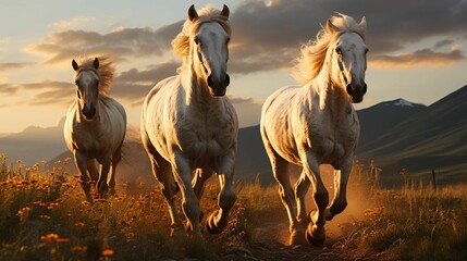 AI generated illustration of three white horses running on meadow at sunset - obrazy, fototapety, plakaty