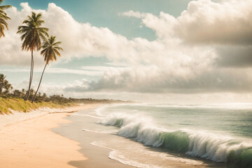 Deserted tropical seashore with palm trees during daytime