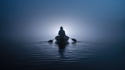 Solo rowboat drifting on a calm river in a blue foggy atmosphere