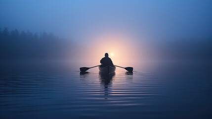Solo canoer drifting on a calm river in a blue foggy atmosphere with a glowing amber light in...