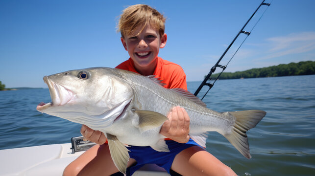 Young boy showing off a big fish he just caught