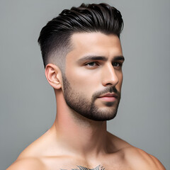 Man with short slicked back hairstyle on gray background