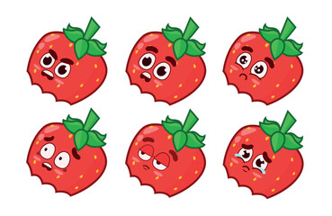 Set of cute whole strawberries bitten with facial expressions. Bitten strawberry with angry, surprised, sad, scared, serious, and crying expressions.
