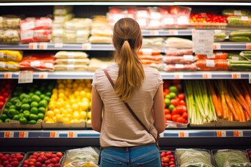 Rear view of a woman shopping for groceries, fruits and vegetables. In front of a colorful food display