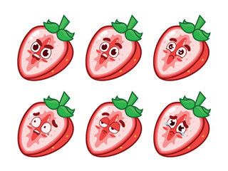 Set of cute whole strawberries with facial expressions. Cut strawberry with angry, surprised, sad, scared, serious, and crying expressions.
