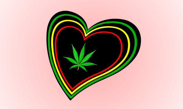 Herbal logo green cannabis leaf on heart shape. Green, yellow, red heart lines on black hearts. 