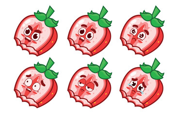Set of cute bitten strawberries with facial expressions. Bitten strawberry with angry, surprised, sad, scared, serious, and crying expressions.