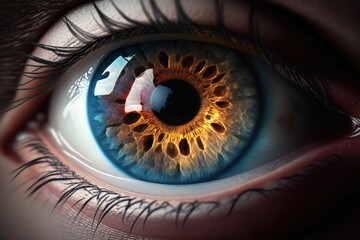 AI generated illustration of a beautiful human eye with orange blue details - obrazy, fototapety, plakaty