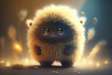 AI generated illustration of a cute little sheep monster with fluffy fur - obrazy, fototapety, plakaty