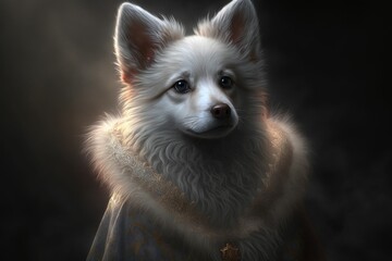 Obraz premium AI generated illustration of a beautiful fluffy white dog in a luxury robe