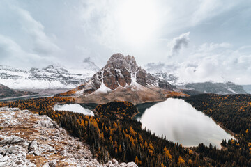 Mount Assiniboine view in fall with fresh snow