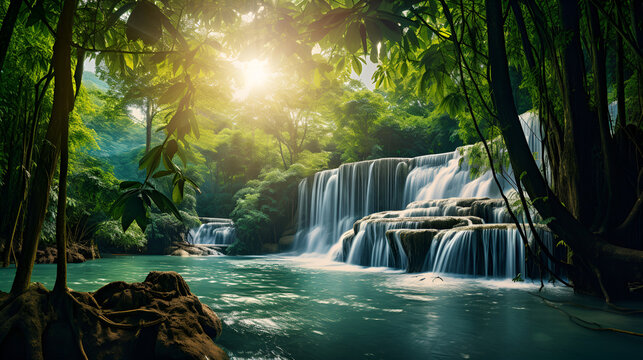 waterfall in the forest,Waterfalls wallpaper ,Nature's Masterpieces,A Symphony of Nature,AI Generative 