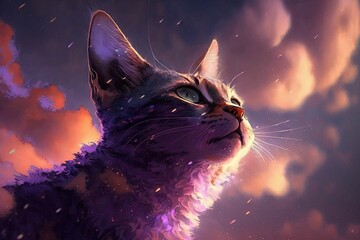 AI generated illustration of a cute fantasy cat with fluffy purple fur look to the sky