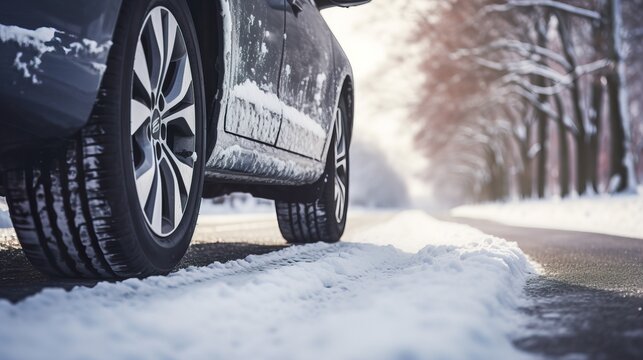 Winter Driving Safety Close-Up of Car Tire on Snow-Covered Road