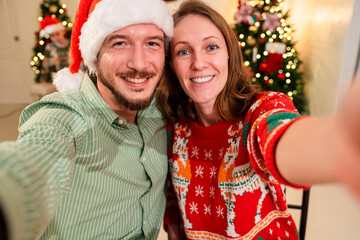 happy sweet couple having selfie video call with family while celebrating christmas party in house, caucasian people family celebrate festive holiday thanksgiving, X-mas eve together at home