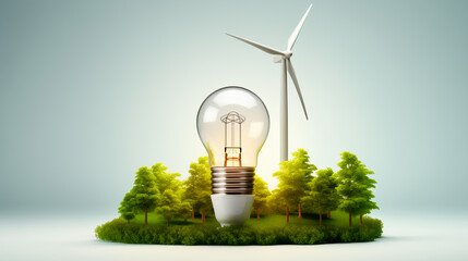 Bombilla de luz y turbinas eólicas, concepto de energía alterna con arboles y un fondo blanco 