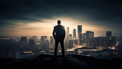 Fototapeta na wymiar City businessman standing on skyscraper, back lit silhouette generated by AI