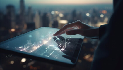 Businessman holding digital tablet, success in cityscape generated by AI