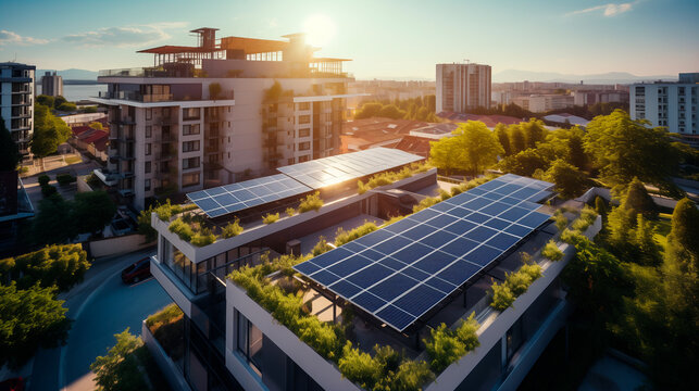Foto a&eacute;rea de paneles solares en el techo y edificios residenciales 