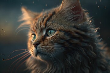 AI generated illustration of a domestic cat with a serious and intense gaze