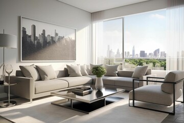 AI generated illustration of a modern living room design in beige colors