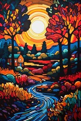 AI generated illustration of a vibrant artwork depicting a picturesque autumnal landscape