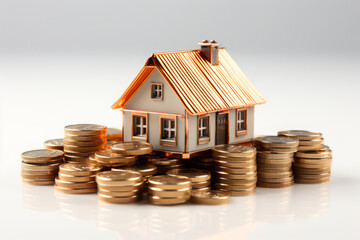 3D house surrounded by golden coins. Wealth and prosperity concept. Copy space